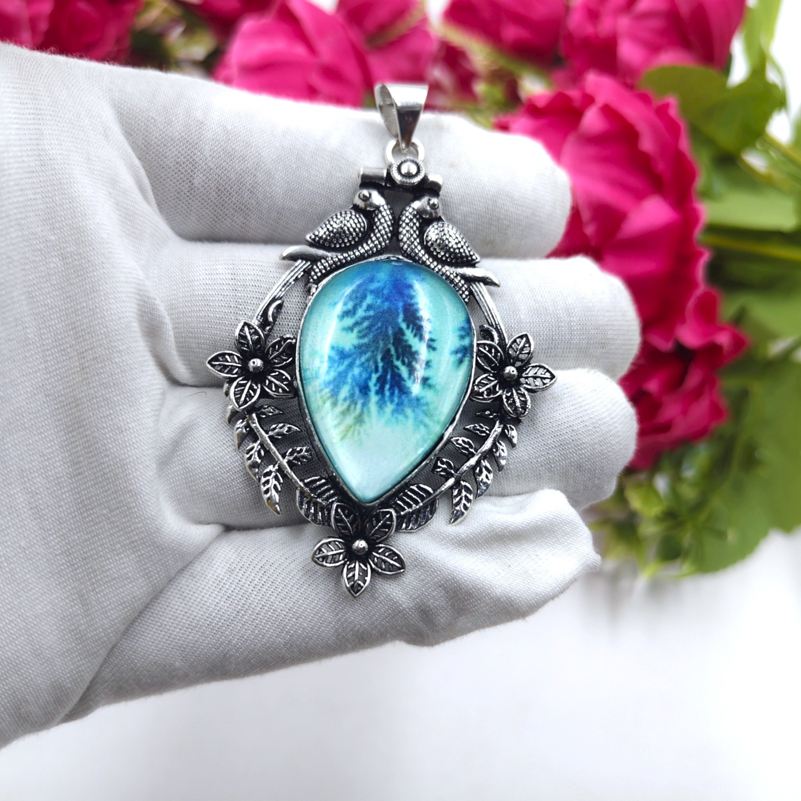 Dendritic Agate Gemstone Handmade 925 Sterling Silver Jewelry Pendant Size-2.25″
