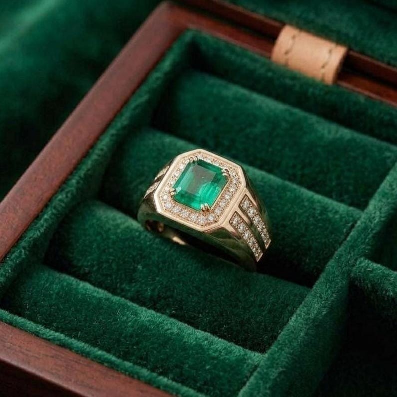 1.50CT Asscher Natural Emerald & Diamond Halo Ring For Wedding 14k Yellow Gold