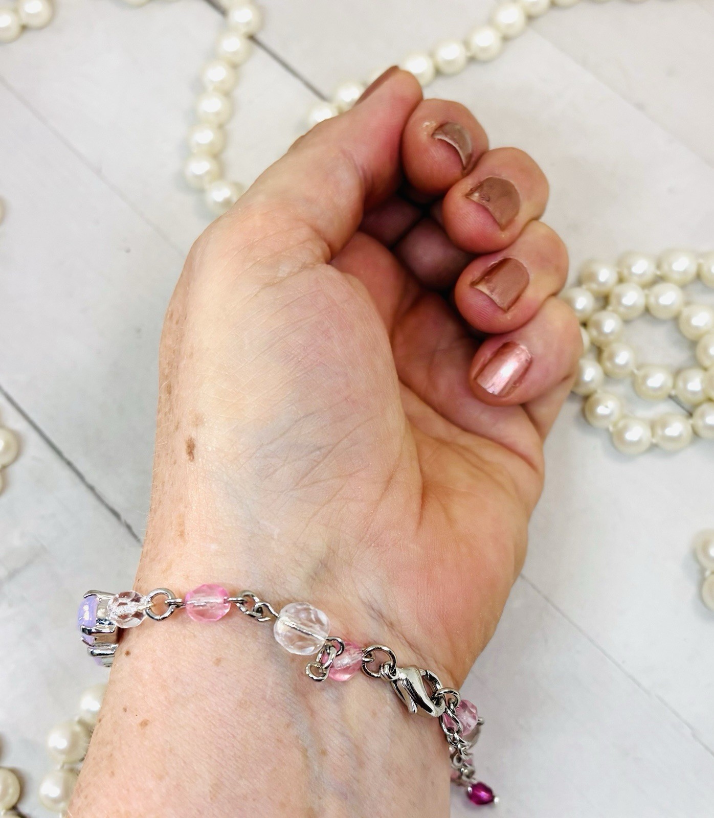 8mm Shiny Silver Plated Beaded Pink Opal Crystal Tennis Cup Chain Bracelet