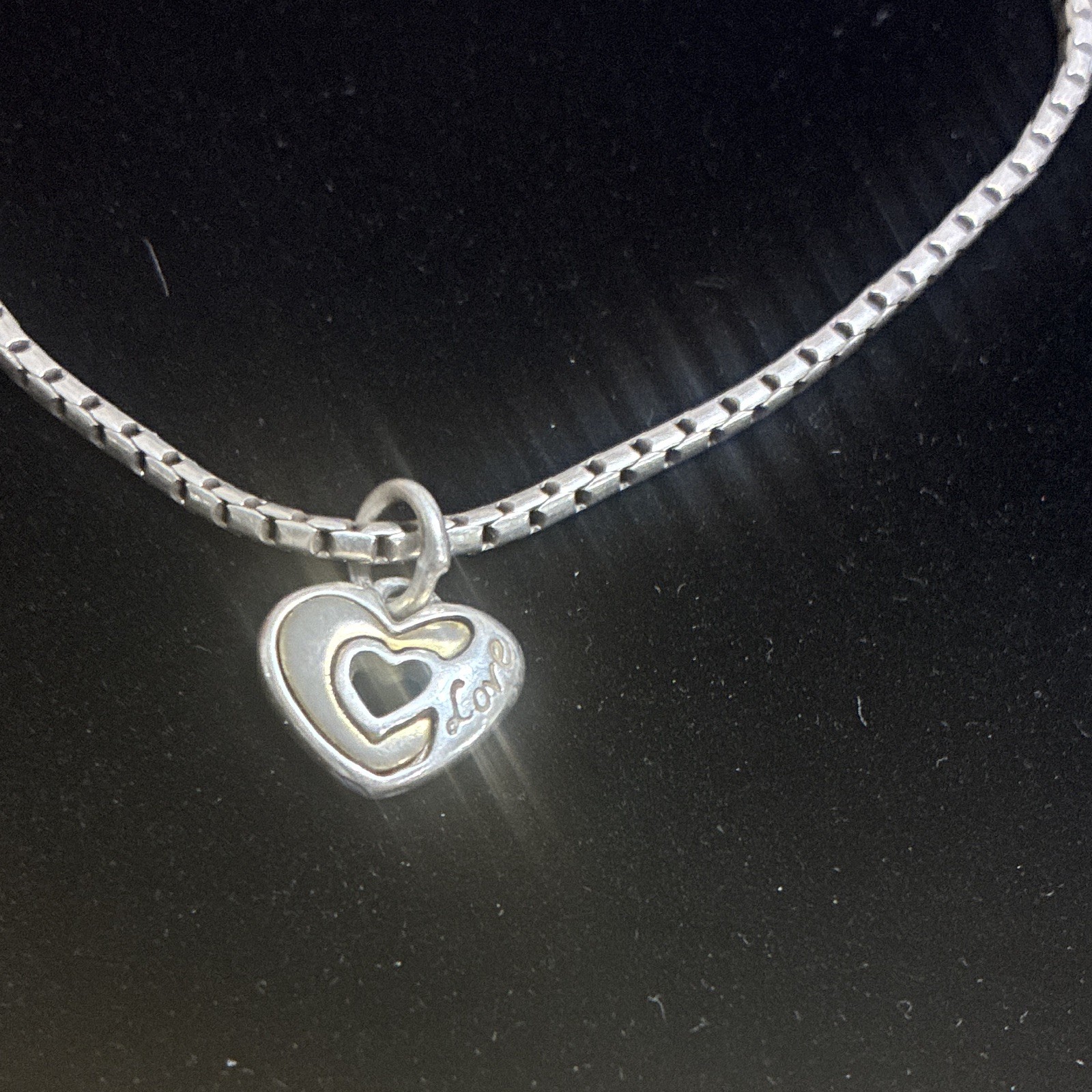 Silver Tone Box Chain Charm Bracelet Adjustable Lobster Heart Love Dangle