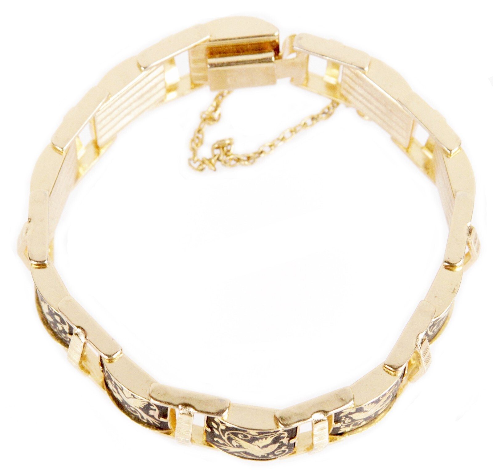 Vintage Spanish Toledo Bird Pattern Damascene Gold Plated Link Panel Bracelet