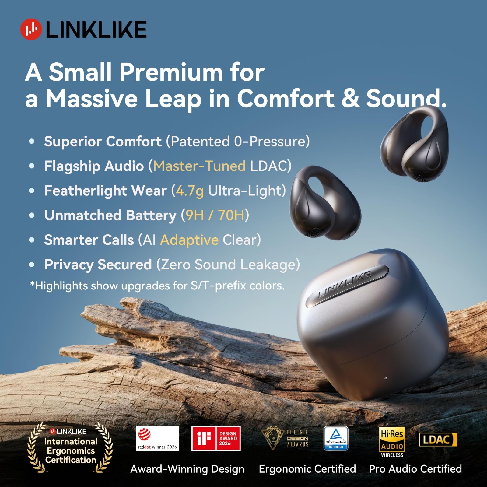 Comfortable Clip-on Earbuds with Zircon Earrings, 70H Playtime, Hi-Res Sound – P