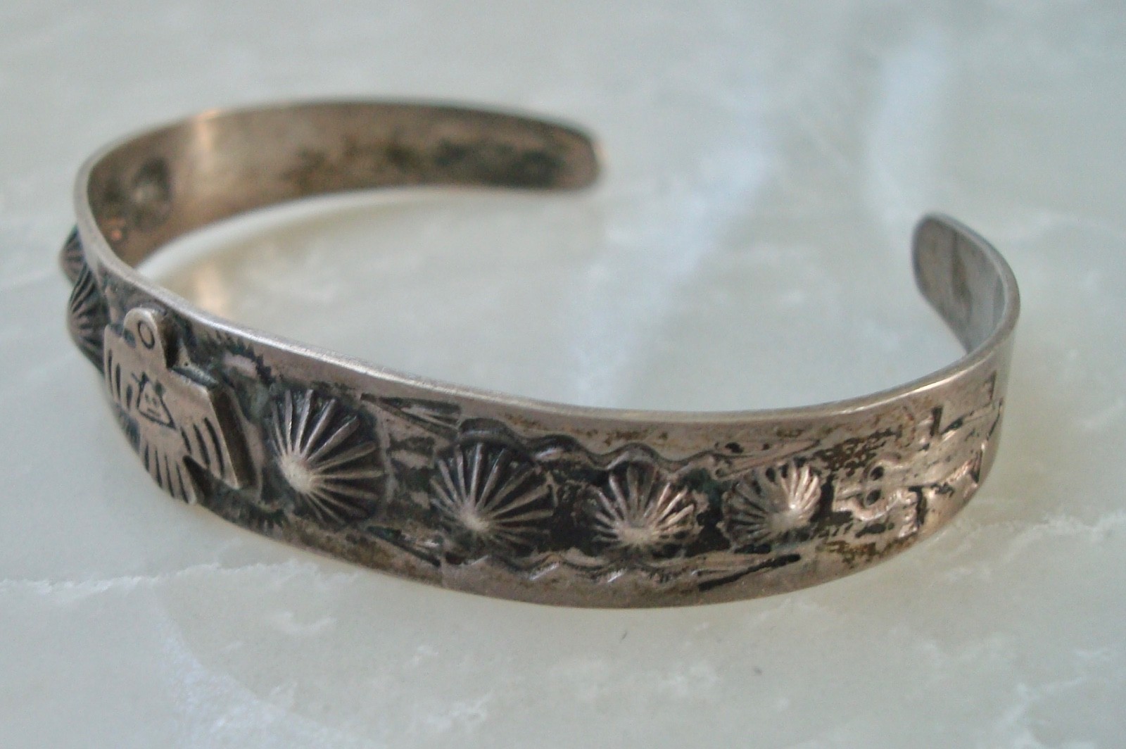Vtg MORNING STAR THUNDERBIRD GILA MONSTER Navajo SILVER BRACELET Fred Harvey Era