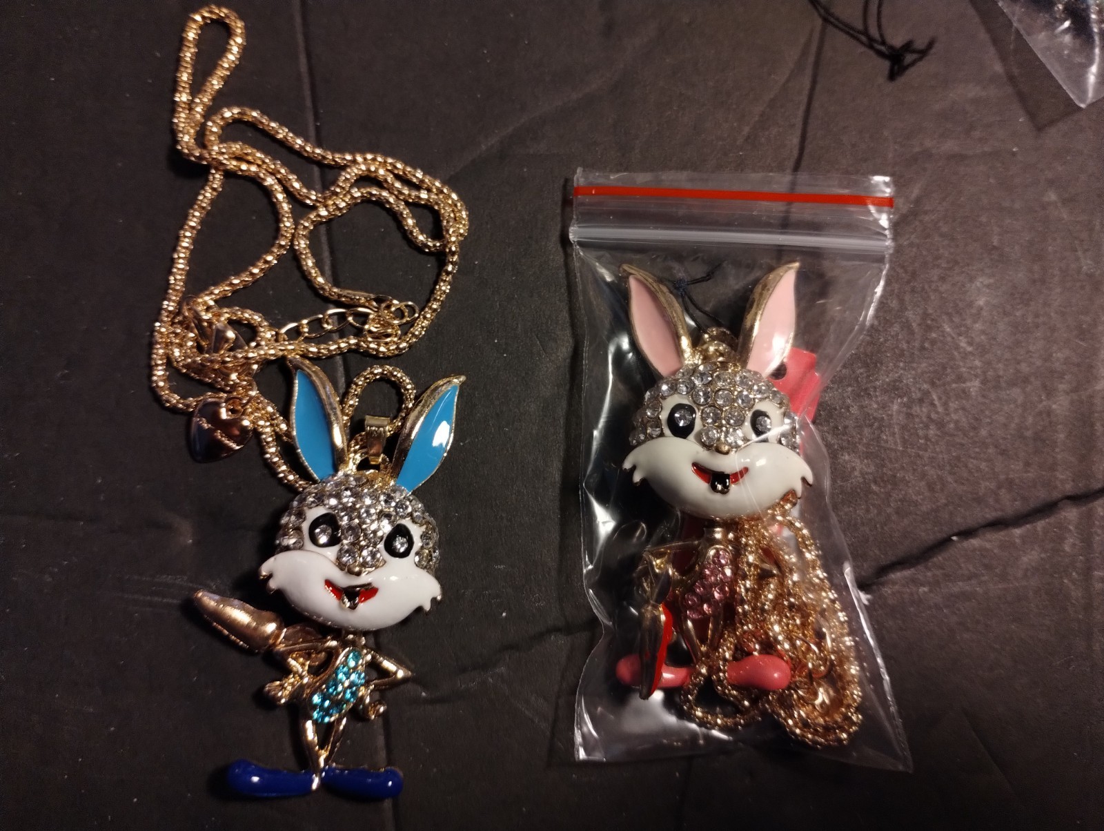 Betsey Johnson Cute Blue Bunny & Carrot Enamel & Rhinestone Necklace New W/Tags