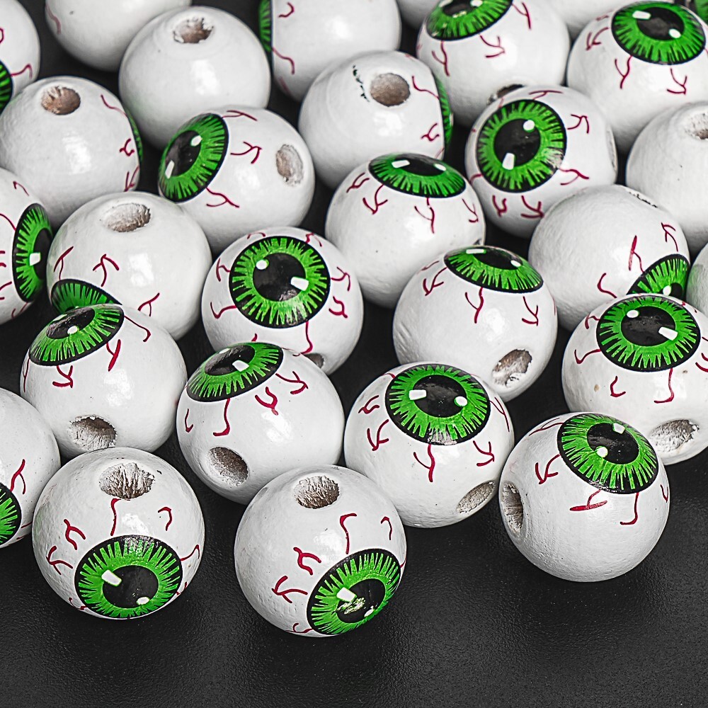 Halloween 5PCS 16mm Wood Green Bloodshot Eyeball Beads Round Loose Wooden Beads