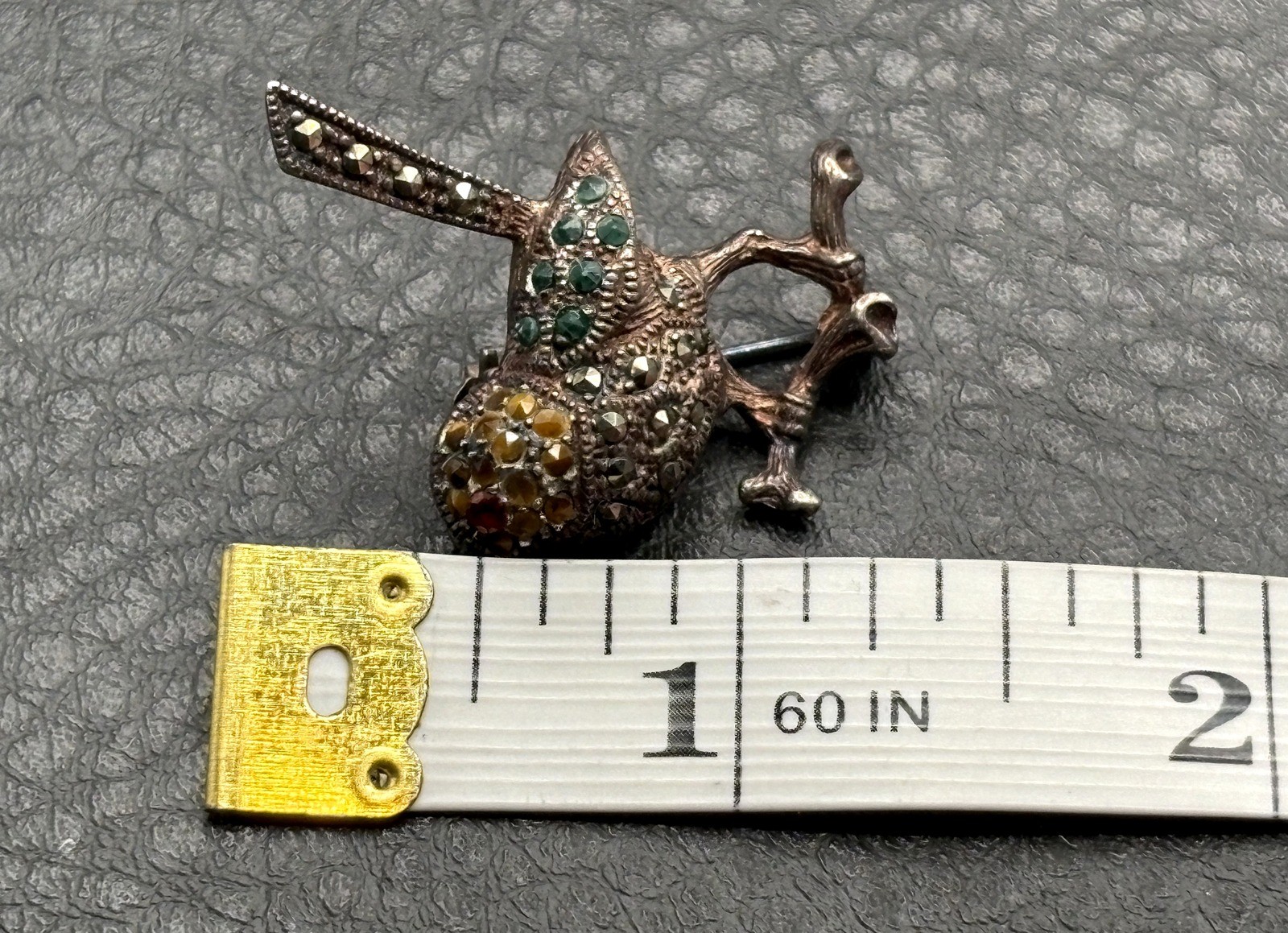 Vintage Sterling Silver 925 Bird Brooch Pin Marcasite Green Red Yellow Crystal