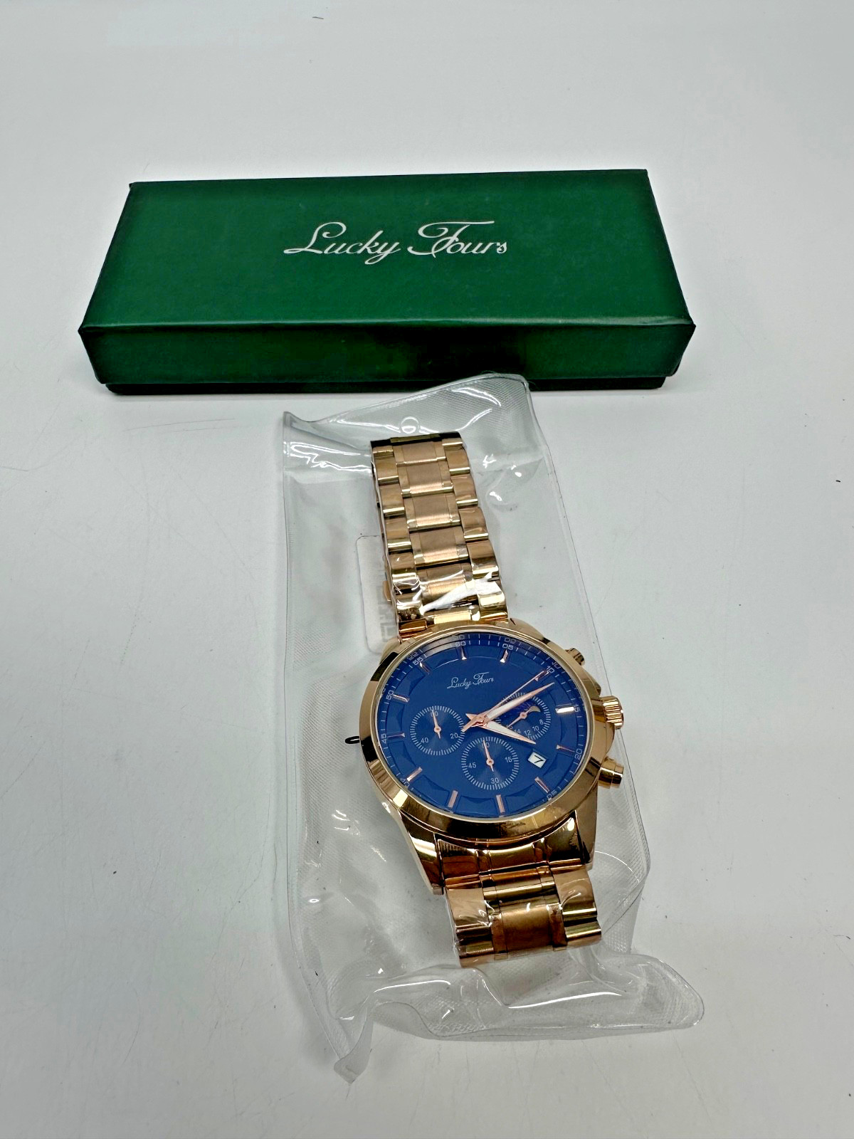 Lucky Fours Ronin Men’s 42mm Blue Dial Stainless Steel Quartz Watch Rose Gold