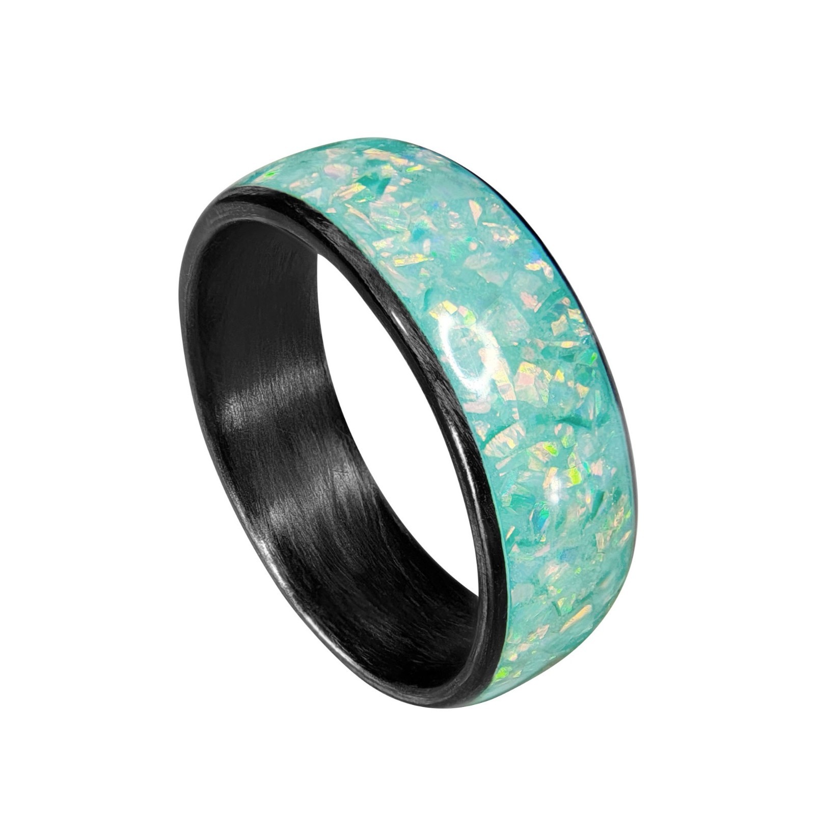 Carbon Fiber Ring Jade Opal Inlay Glows Aqua, USA Made, Lightweight Band