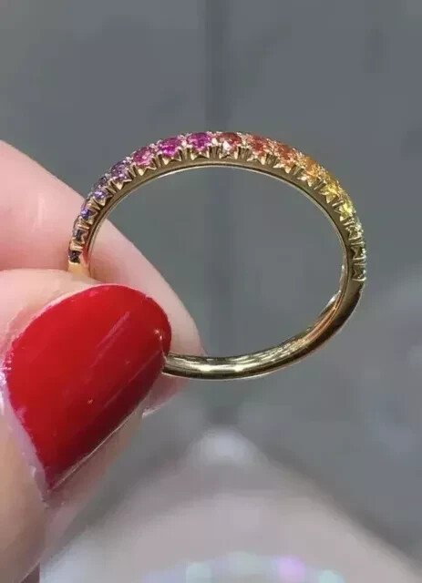 14k Yellow Gold Plated 2 Ct Round Cut Lab-Created Sapphire Rainbow Eternity Ring