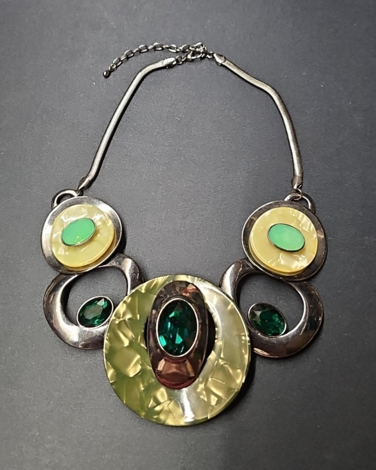 Green & Silver Celluloid Acetate Glass Stone Metal Statement Necklace Bib Snake