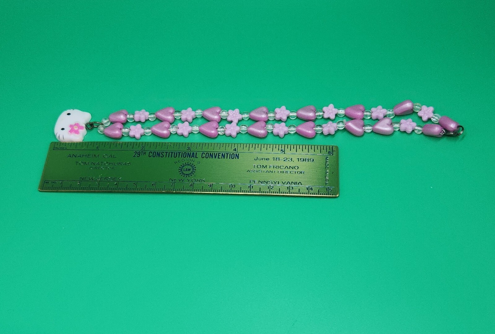SANRIO Hello Kitty Necklace Bead Plastic Metal Pink Heart Flower Vintage Charm