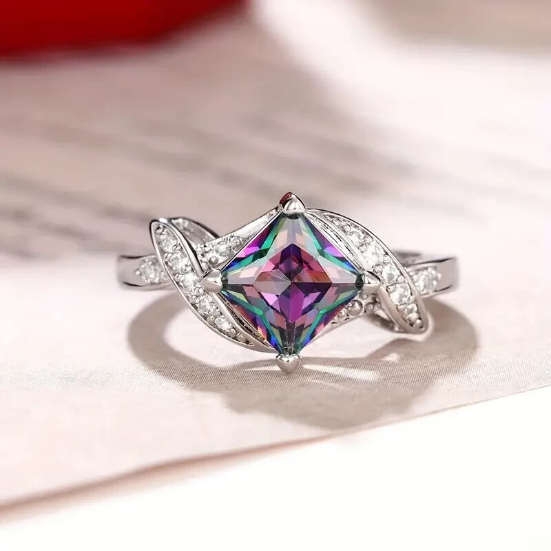 925 Sterling Silver Rainbow Mystical Fire Topaz Wedding Engagement Ring Size 8.5