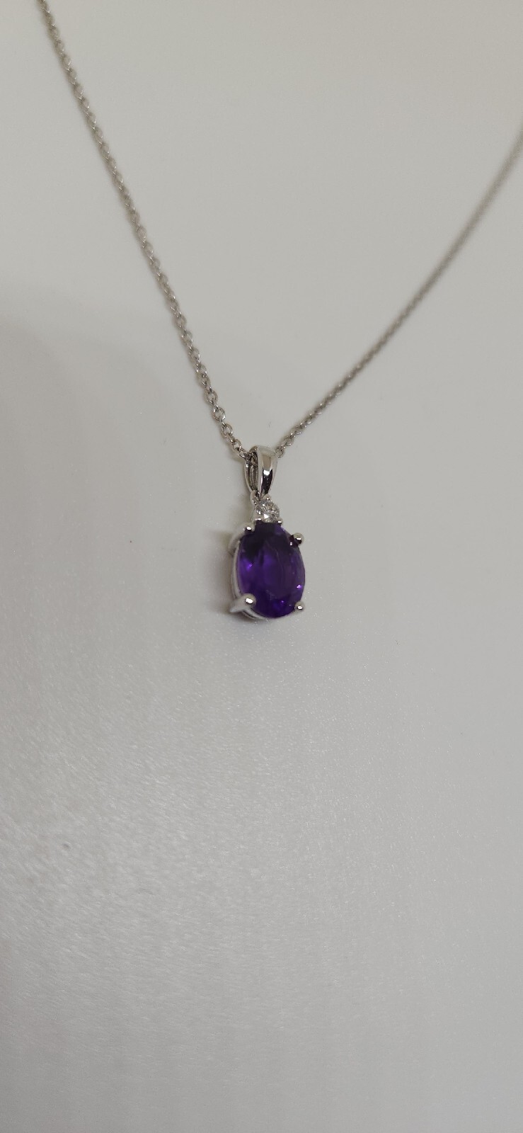 14k White Gold Amethyst And Diamond Pendant With 18 Inch Chain 2.1 Grams