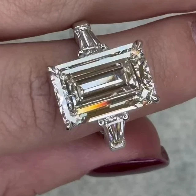 5.20Ctw Emerald Cut Moissanite Three Stone Engagement Ring 14k White Gold Plated