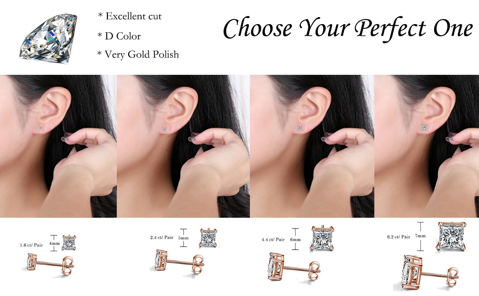 Square Stud Earring 925 Sterling Silver 4 Prong Square CZ Crystal jewelry Gold
