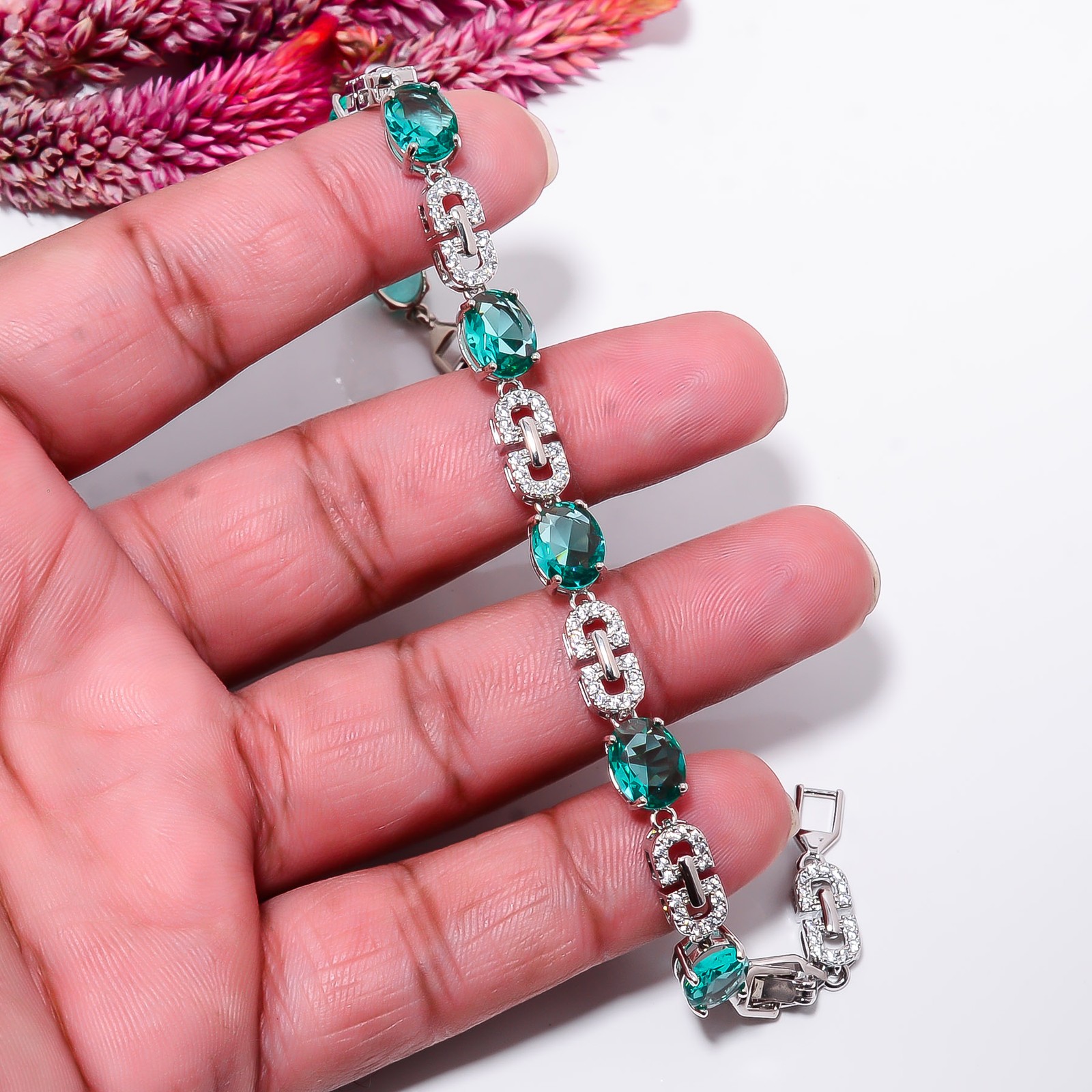 Apatite, CZ 925 Sterling Silver Adjustable Bracelet 7-8″ B140210, Gift for her