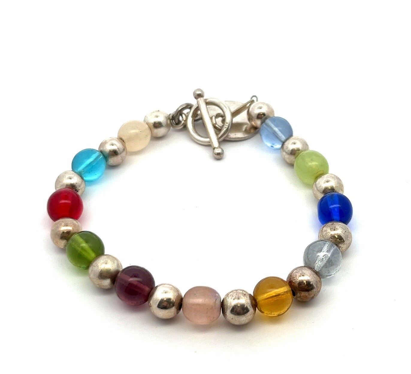 7.5” Jordan 925 Sterling Silver & Multicolor Glass Bead Bracelet 15.7g