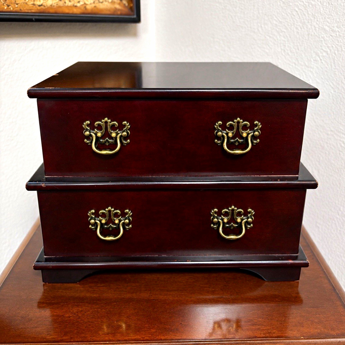 Vintage Wood Jewelry Box Organizer, Brown, Mirror Lid, 3 compartments
