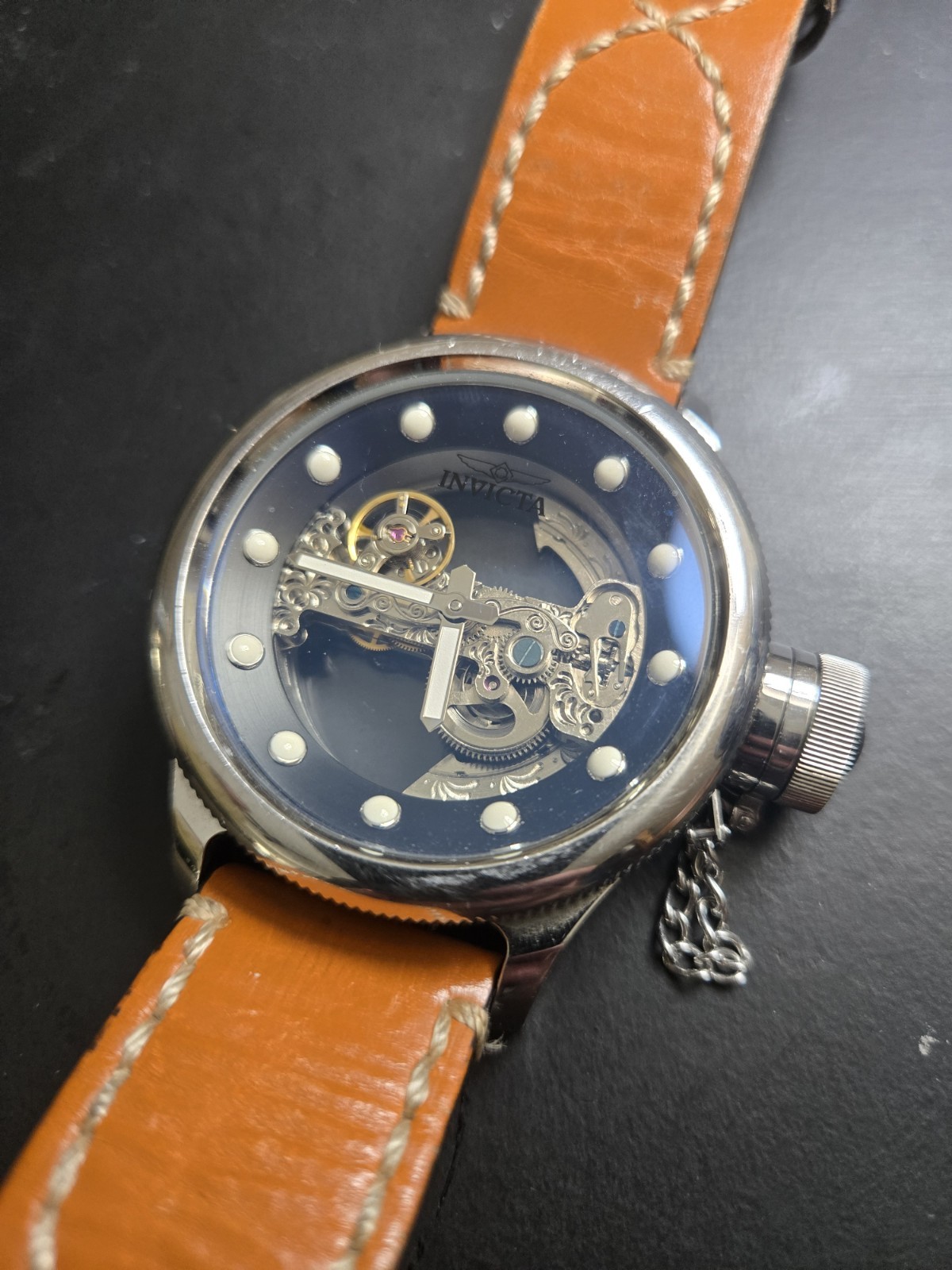 Invicta Russian Diver 52mm Automatic Skeleton Blue Dial 100m Leather Strap