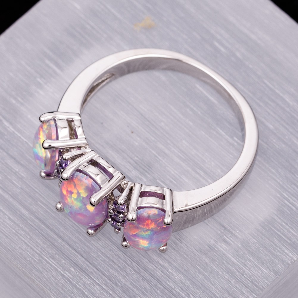 3 Lavender Purple Fire Opal Cabochon CZ Silver Jewelry Women Ring Size 6 7 8 9