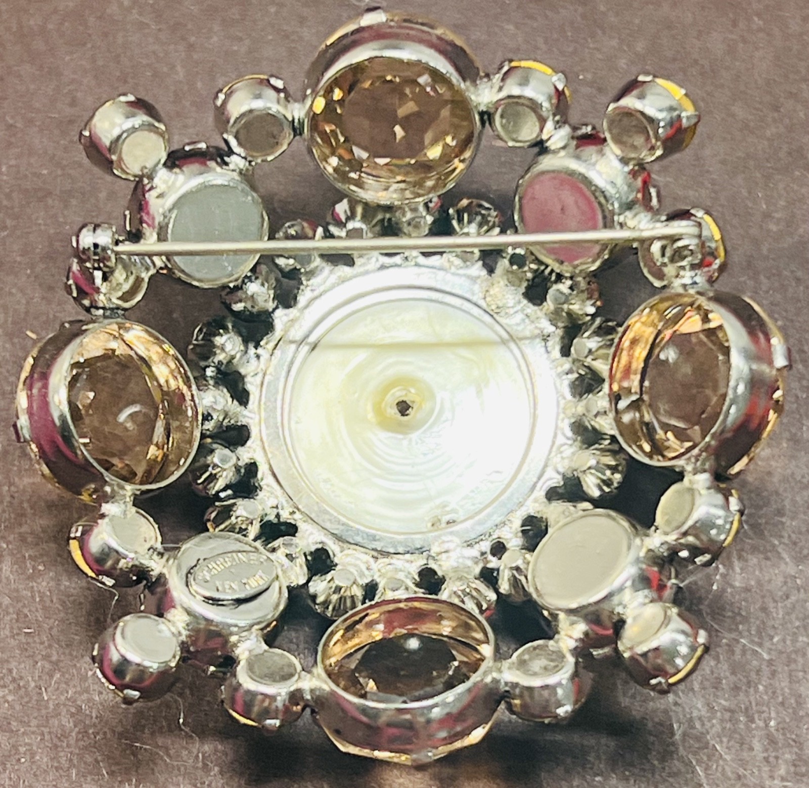 Ravishing, Big Signed Schreiner NY Brooch: Beige & Gray Stones & Mabe Pearl