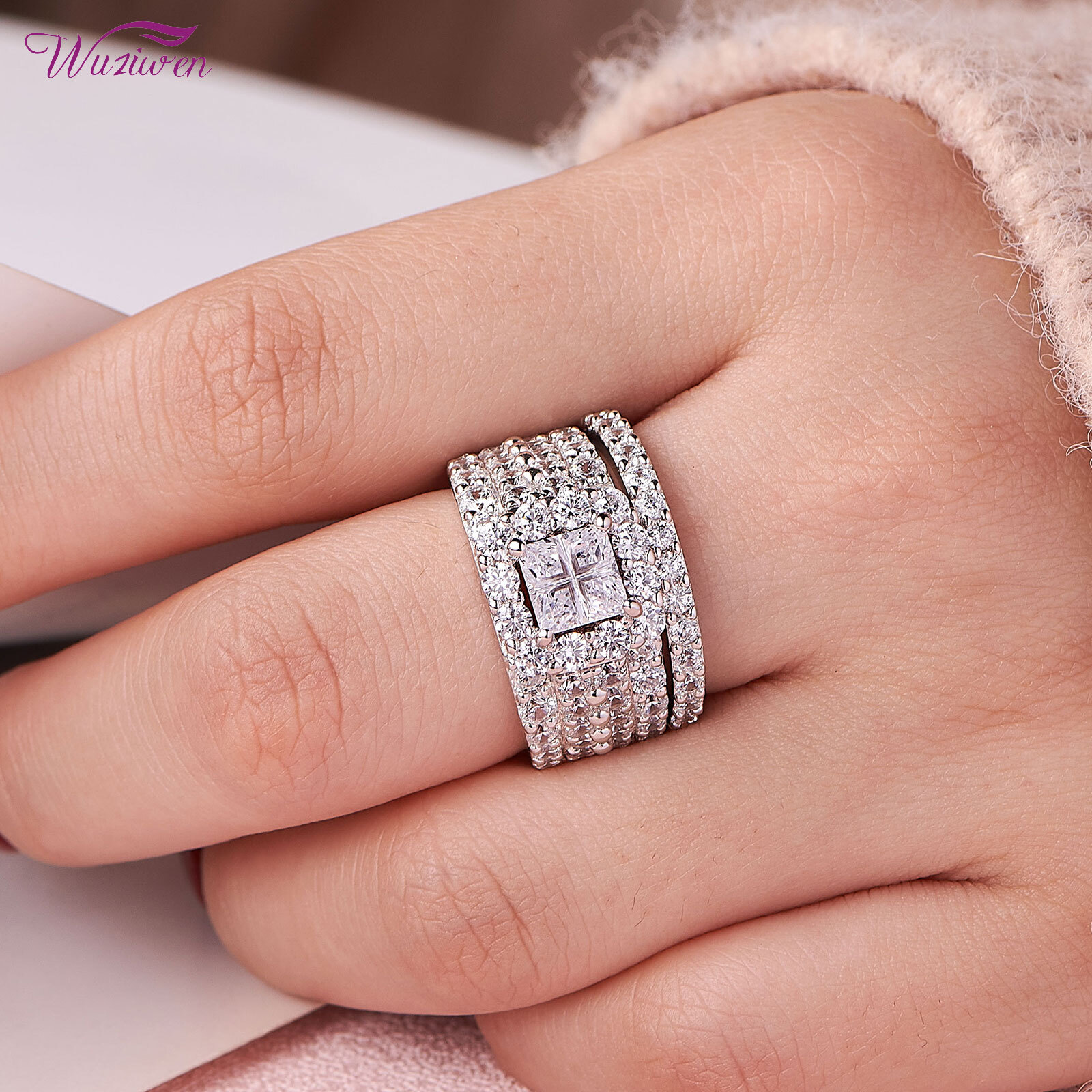 Wuziwen Big Wedding Engagement Ring for Women Heavy Silver Pure Sterling Silver