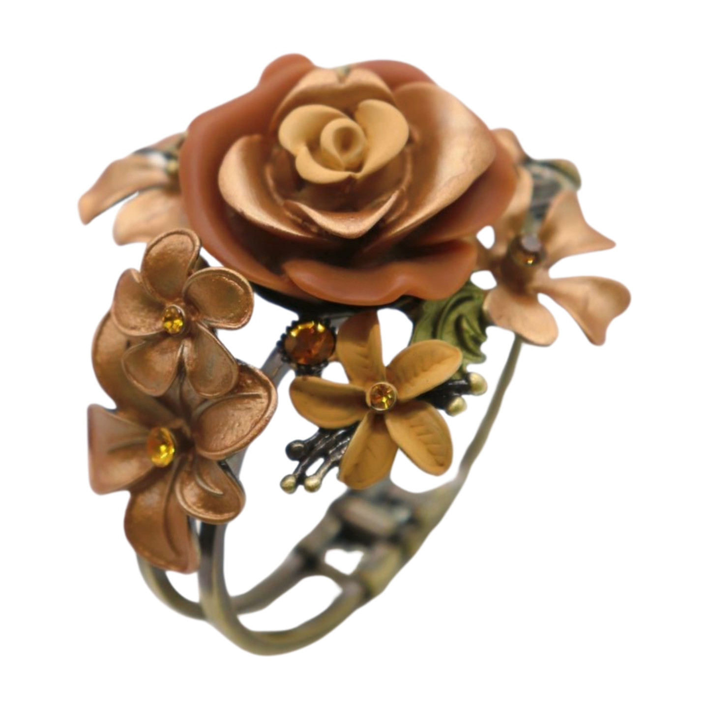 Women Antique Gold Metal Beige Brown Rose Flowers Cuff Bracelet Fashion Jewelry
