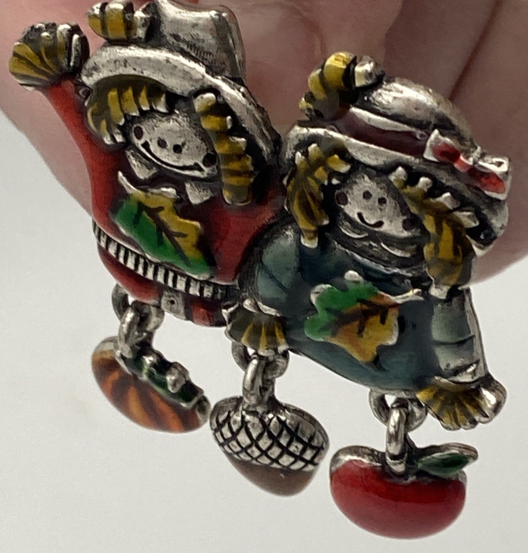 Signed AJMC Brooch Pin Autumn Fall Scarecrow / Pumpkin Dangles