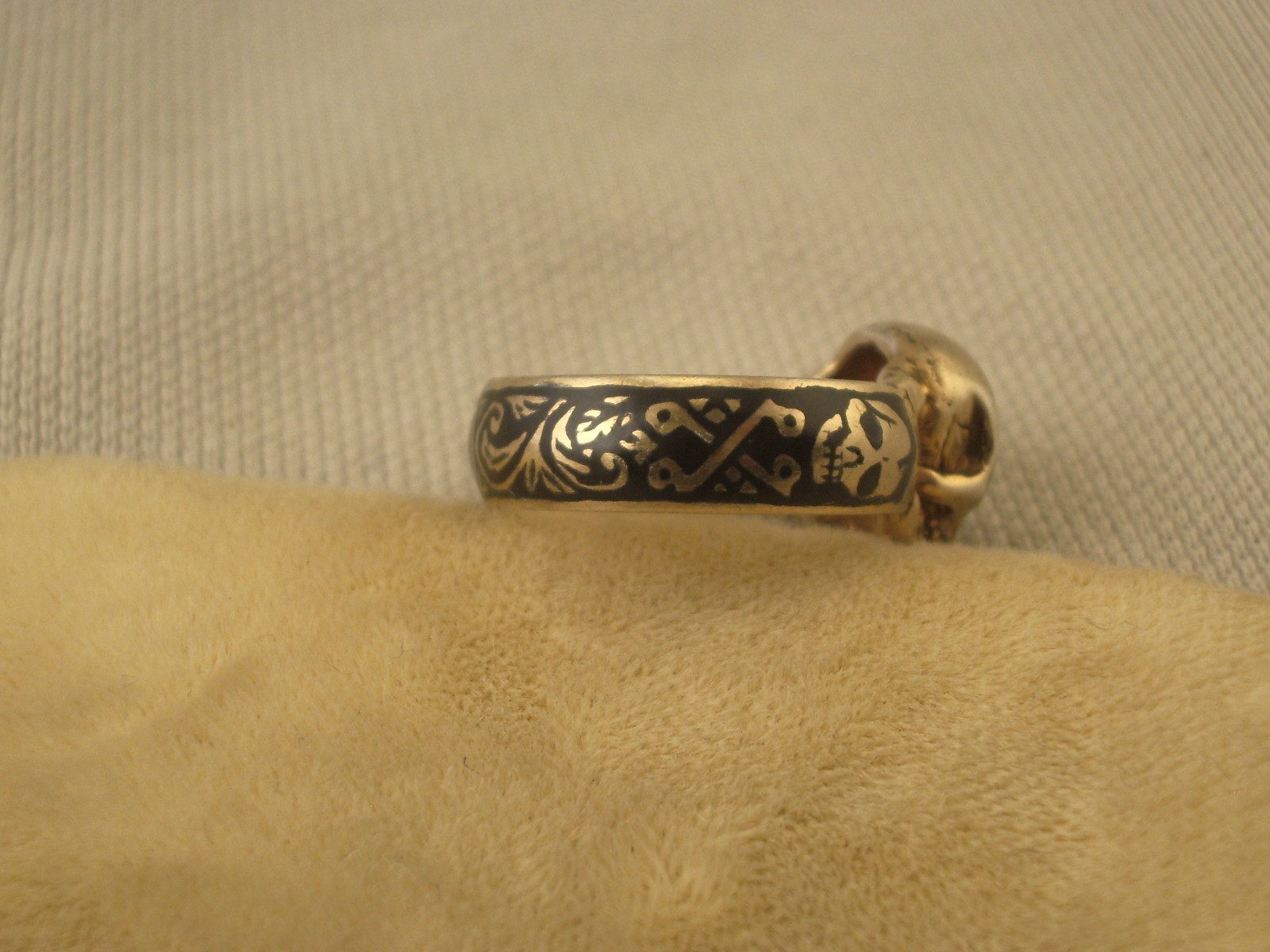 Antique Vtg Gold plated silver enamel diamond masonic memento mori ring Sz7.5