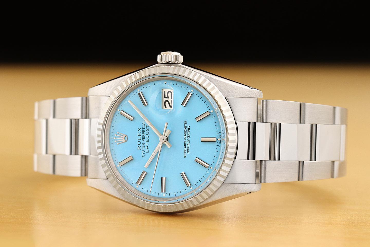 ROLEX MENS DATEJUST 18K WHITE GOLD STAINLESS STEEL AQUA BLUE OYSTER WATCH