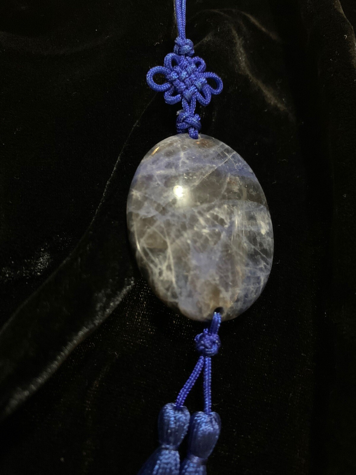 21″ VINTAGE CHINESE EXPORT BLUE SODALITE GEMSTONE TASSEL PENDANT NECKLACE