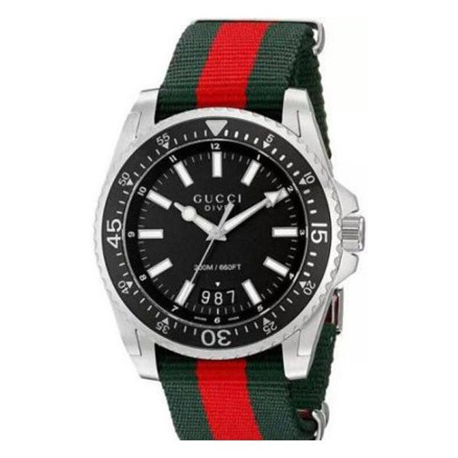 Gucci YA136206 Men’s Back Dial Dive Watch with Red and Green Nylon Band – NIB