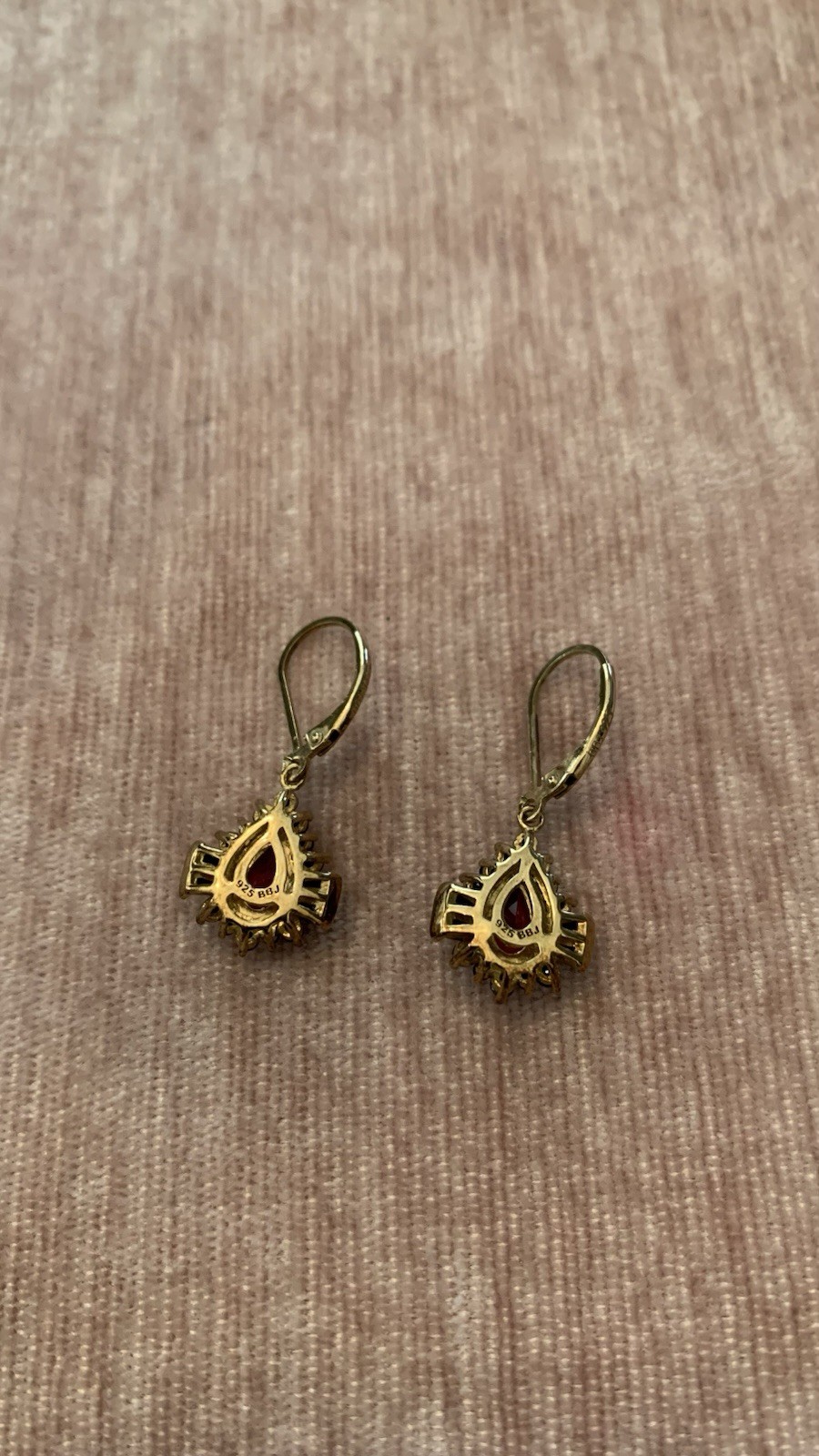 PEAR LAB CREATED RUBY WITH BLACK SPINEL 18K YELLOW GOLD OVER SILVER EARRINGS