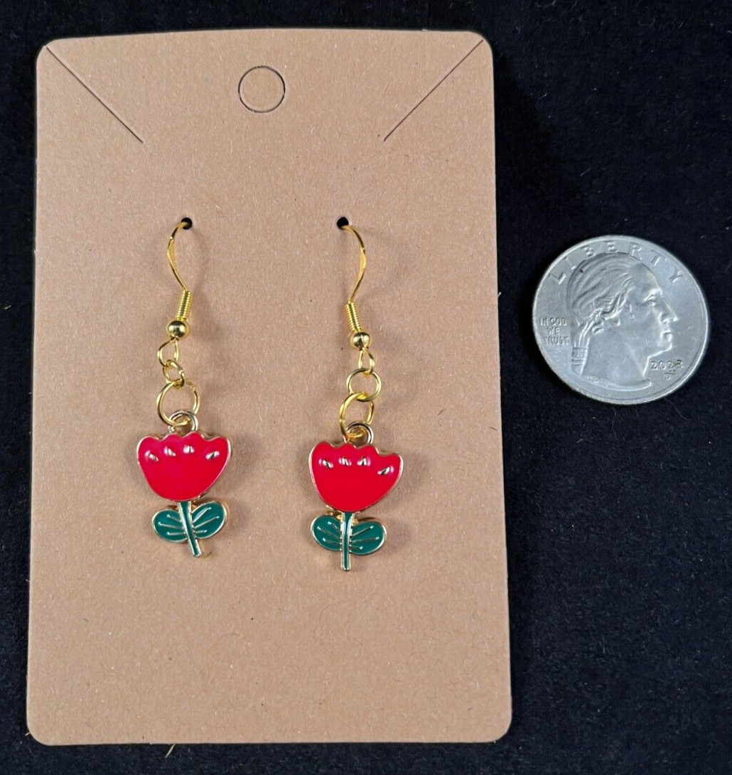 Red Four Petal Flower Earrings – Dangle – Gold Hook – Handmade – Valentine – E