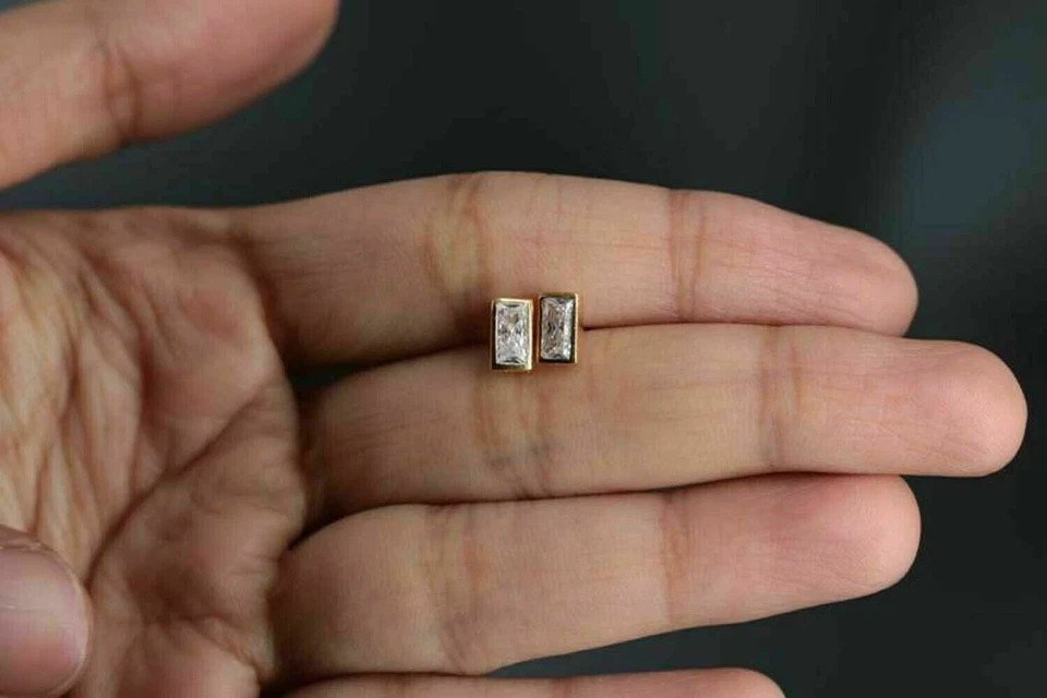0.20Ct Baguette Simulated Diamond Bezel Set Stud Earrings 14K Yellow Gold Plated
