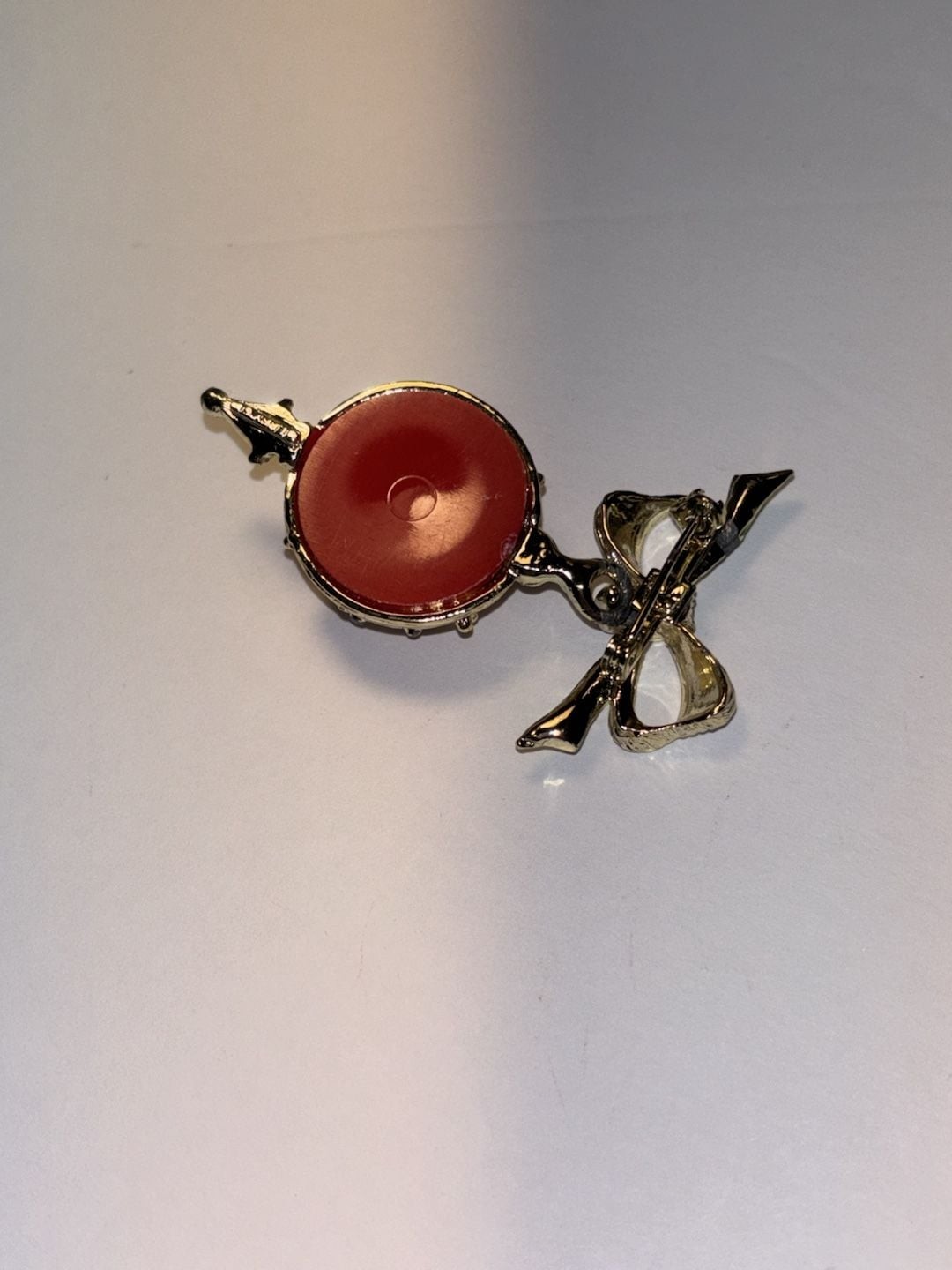 Vintage Christmas Bulb Ornament Brooch Pin Gold Tone Red Enamel Green Bow