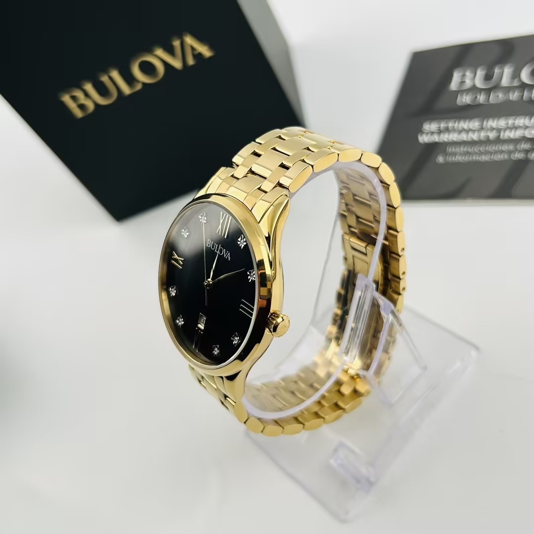 Bulova 97D108 Diamond Black Dial Gold-Tone Bracelet Men’s Quartz Watch New 40mm