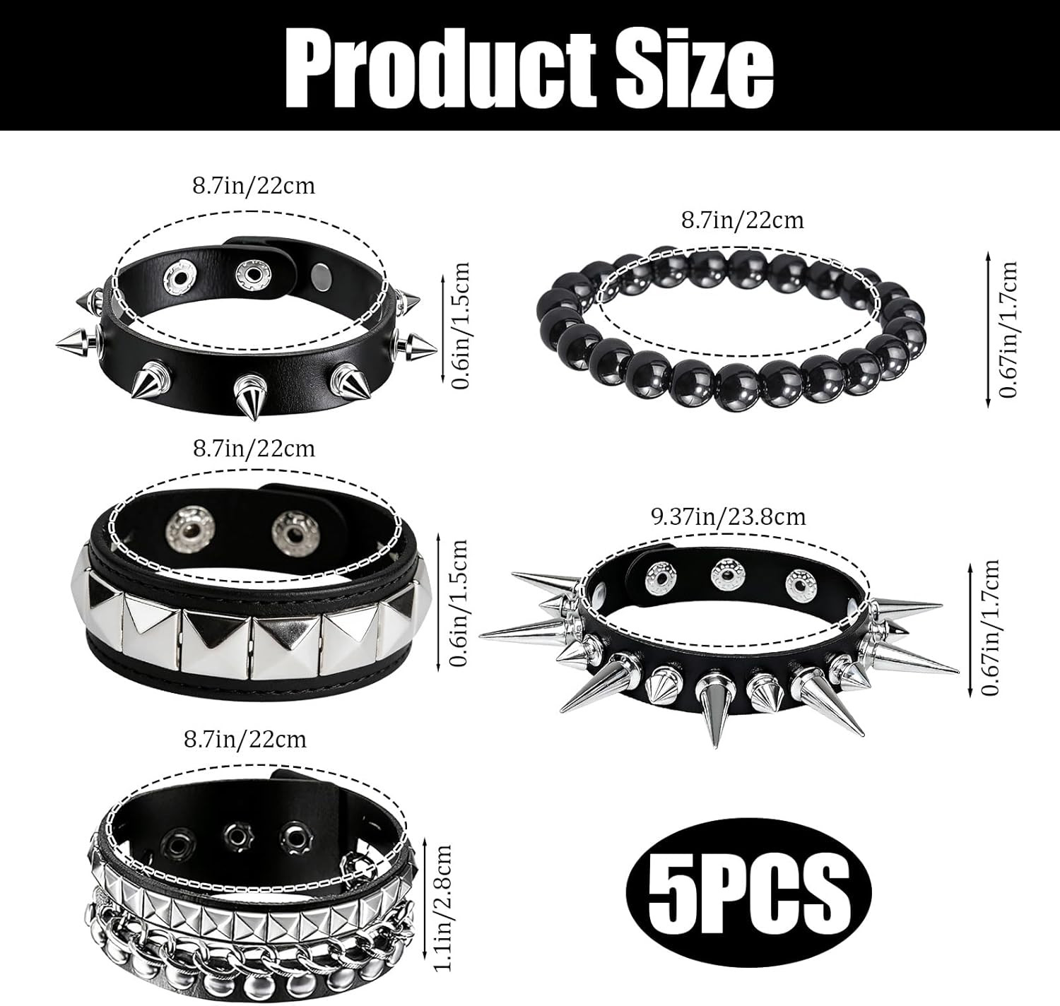 5 Pcs Spiked Bracelets Black Studded Cuff Punk Jewelry, Adjustable Gothic Emo Al