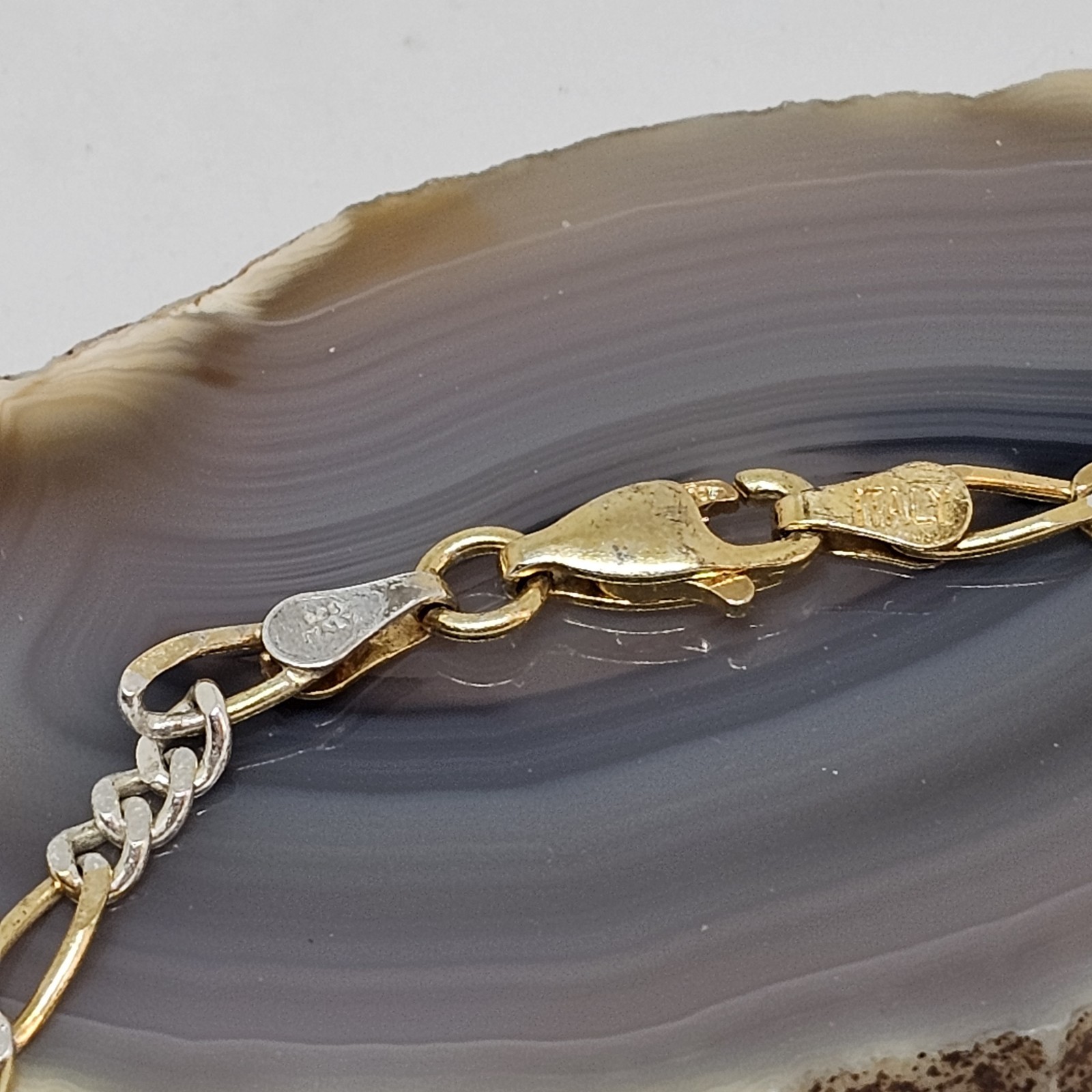 SU 925 Sterling Silver Vermeil Figaro Flat Link Chain Bracelet 7″ Long Italy