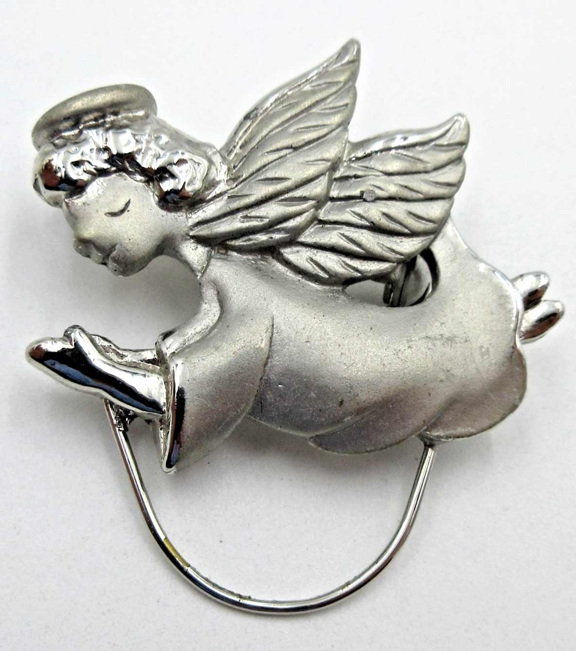 VTG Wing Halo praying hands ANGEL silver tone metal Brooch Pin Costume Jewelry