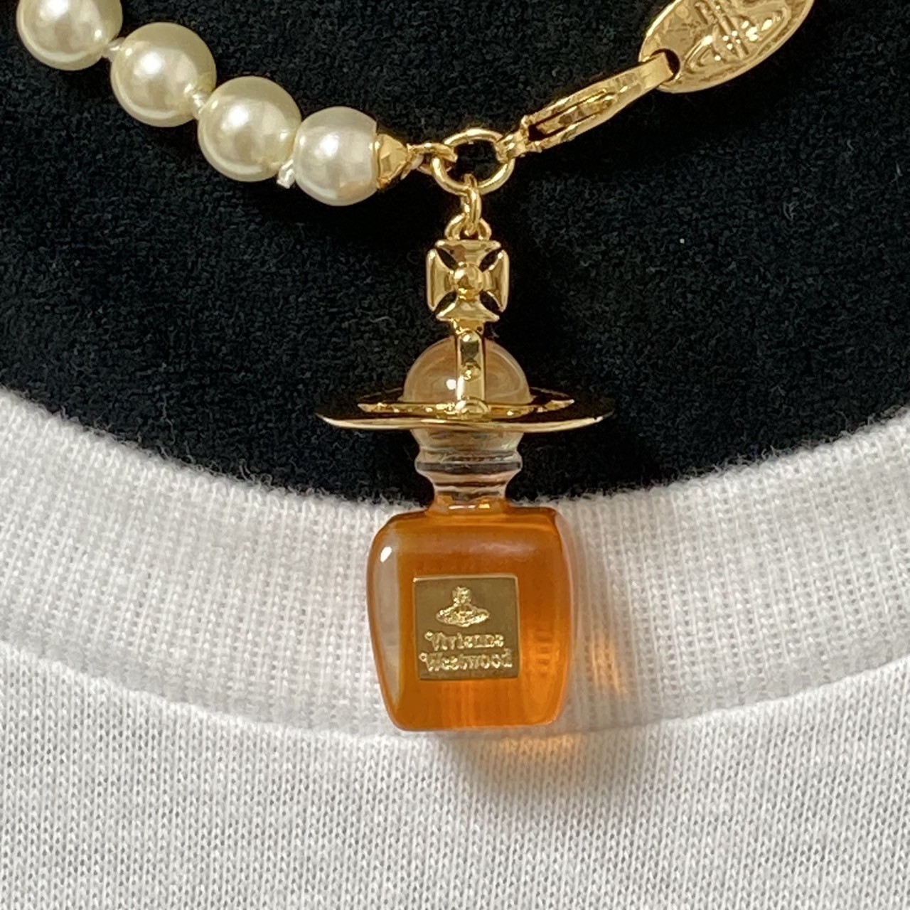 Vivienne Westwood Necklace Pearl Perfume Bottle Choker Gold Orange NO BOX
