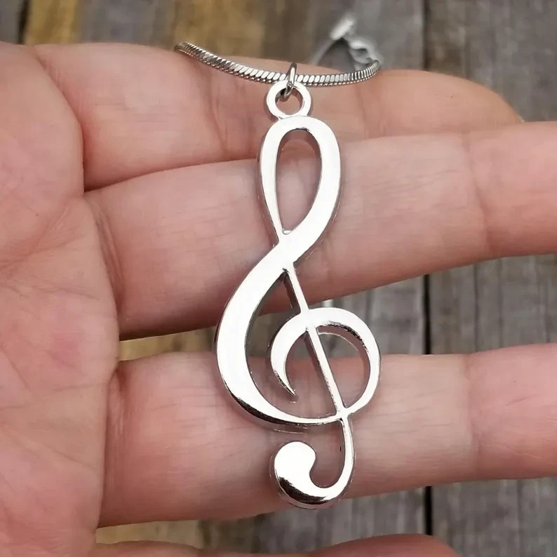 Large Stainless Steel Treble Clef Pendant Necklace, Music Note Necklace