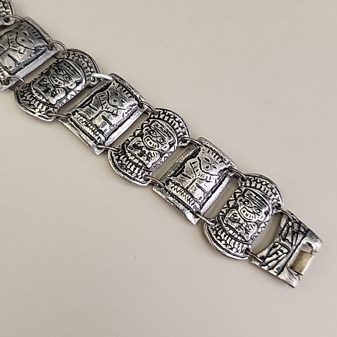 Vintage Columbian Panel Bracelet 800 Silver Tiki Peru 6.75″