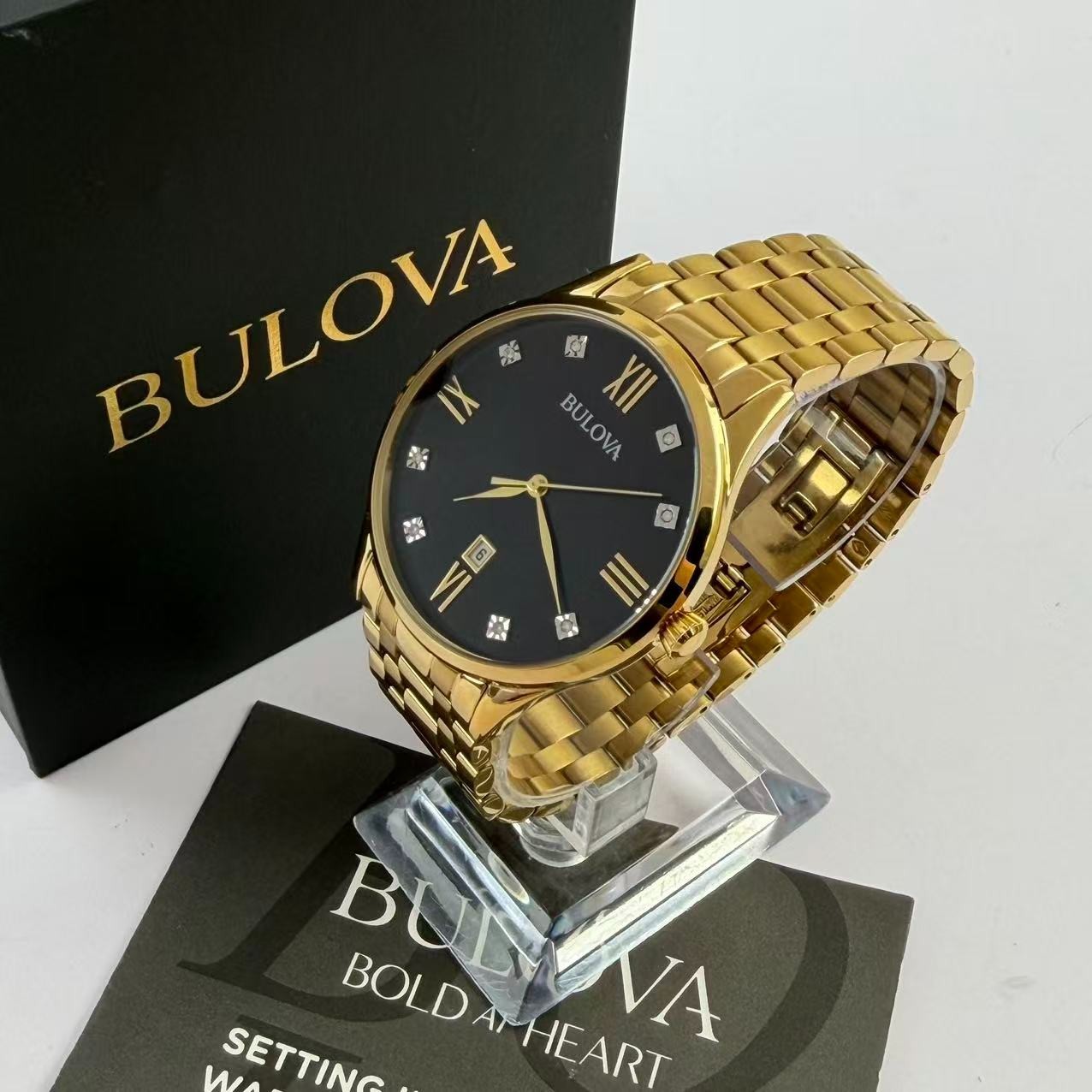 New Bulova 40 mm 97D108 Diamond Black Dial Gold Bracelet Men’s Quartz Watch