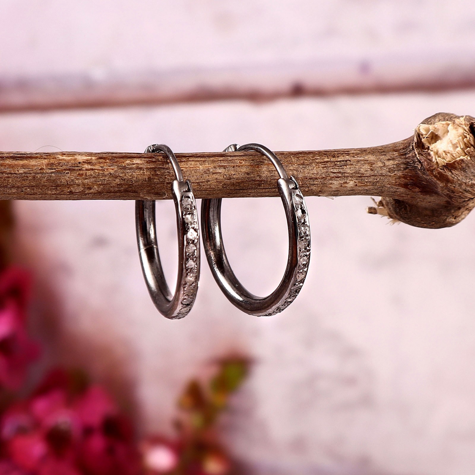 1.05ctw Natural Rose Cut Diamond Hoop Earrings 925 Sterling Silver Handmade