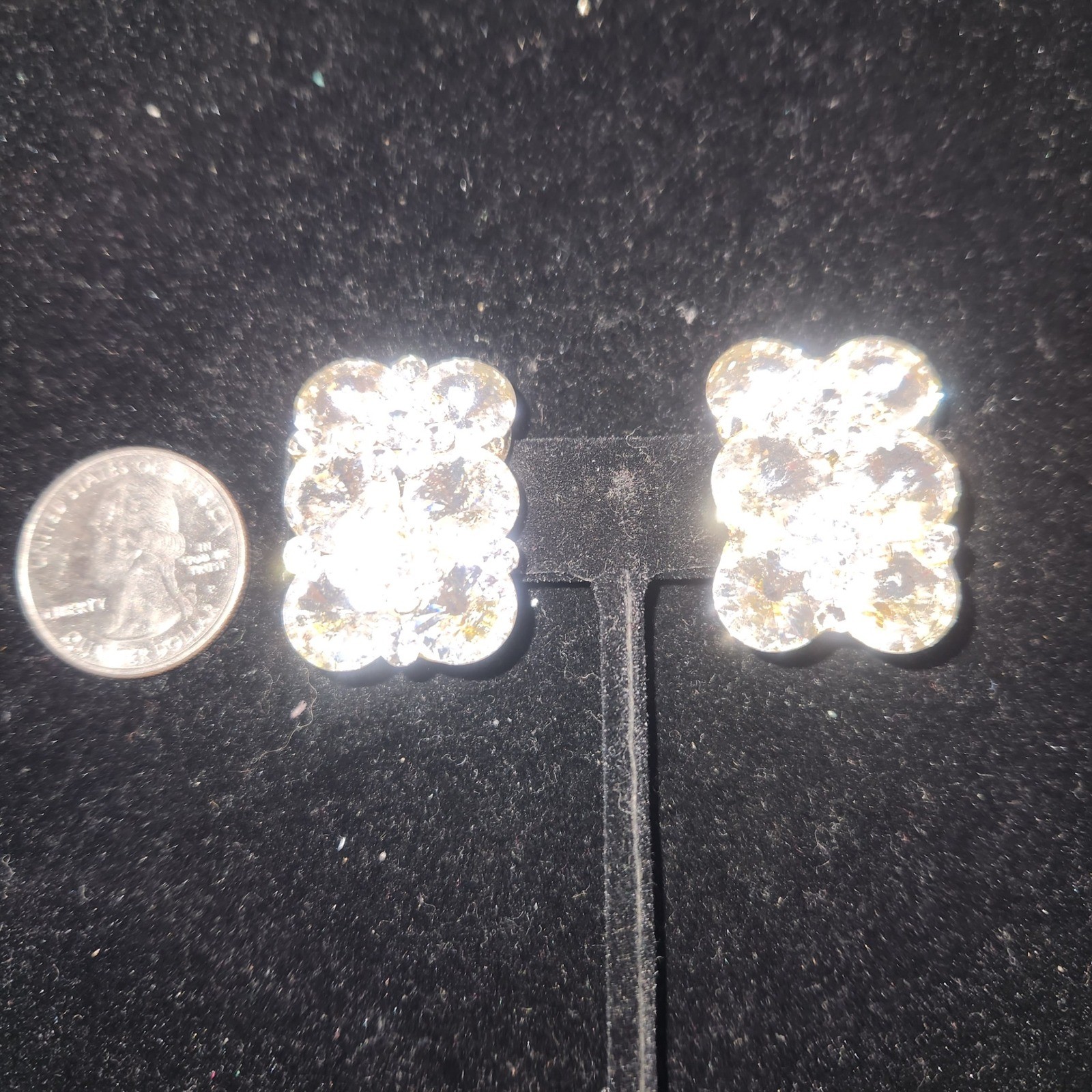 Vintage Clear Crystal Cluster Clip On Earrings Silver Tone Scalloped Statement