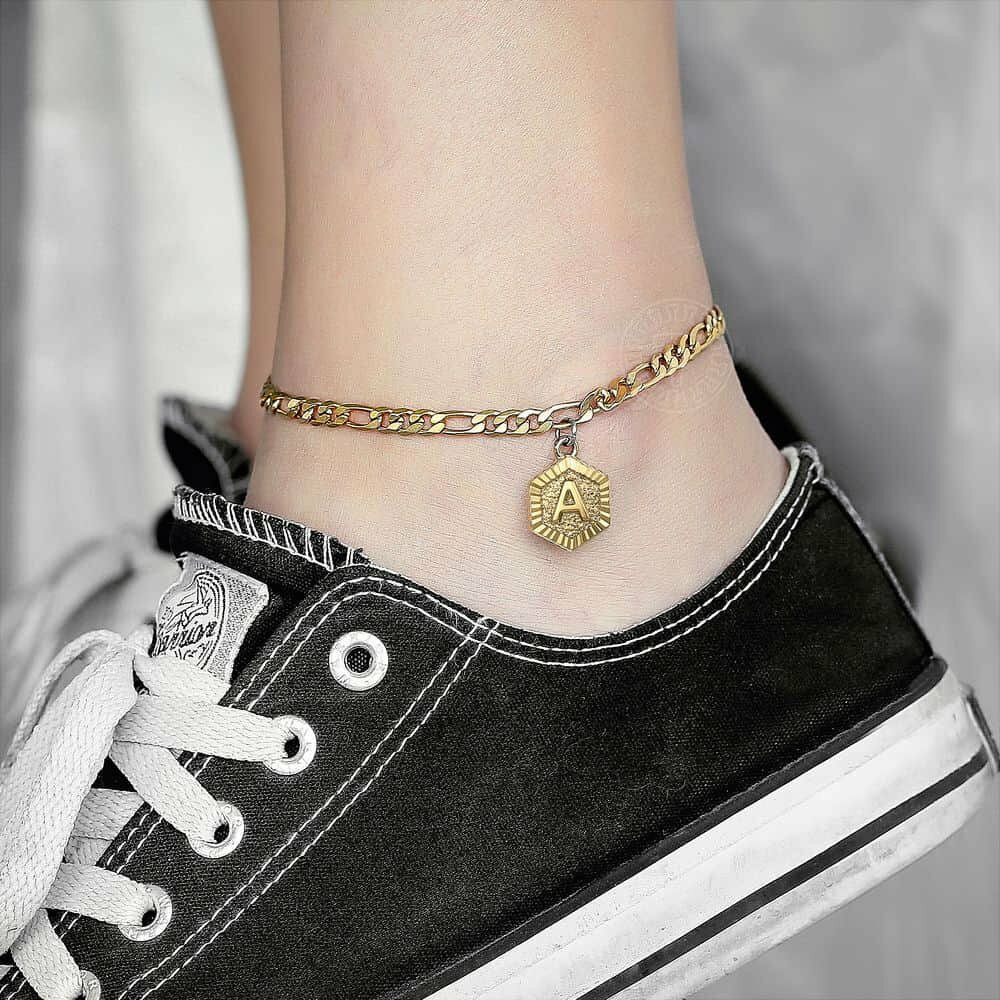 5mm Figaro Hexagon Initial Letter Charm Anklet Bracelet Gold Plated Foot chain