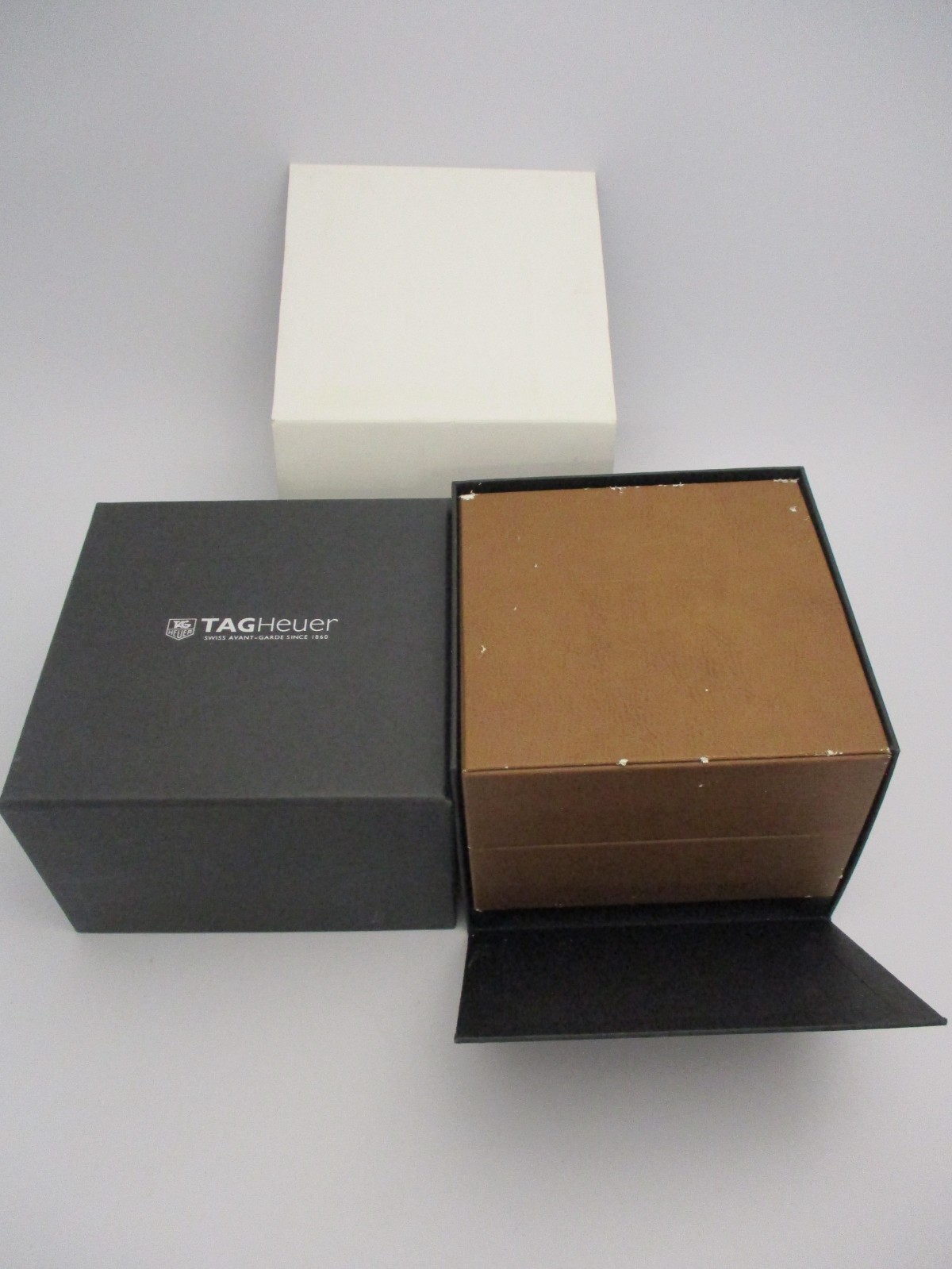 HEUER Brown Watch Chest Box Pillow Set, Black Outer Cartons & White Outer Sleeve