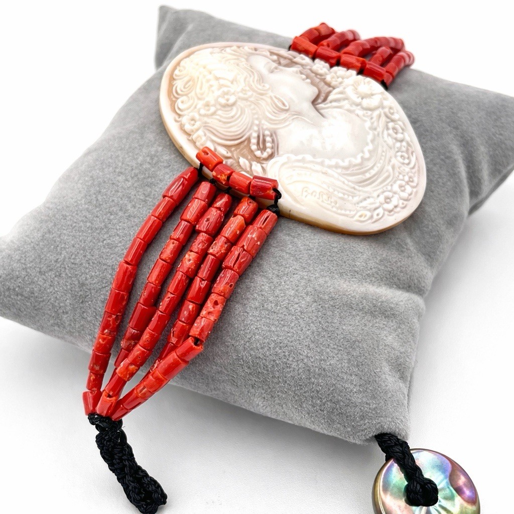 Mediterranean Red Coral Bracelet 4mm Sardonic Cameo 17cm Torre del Greco