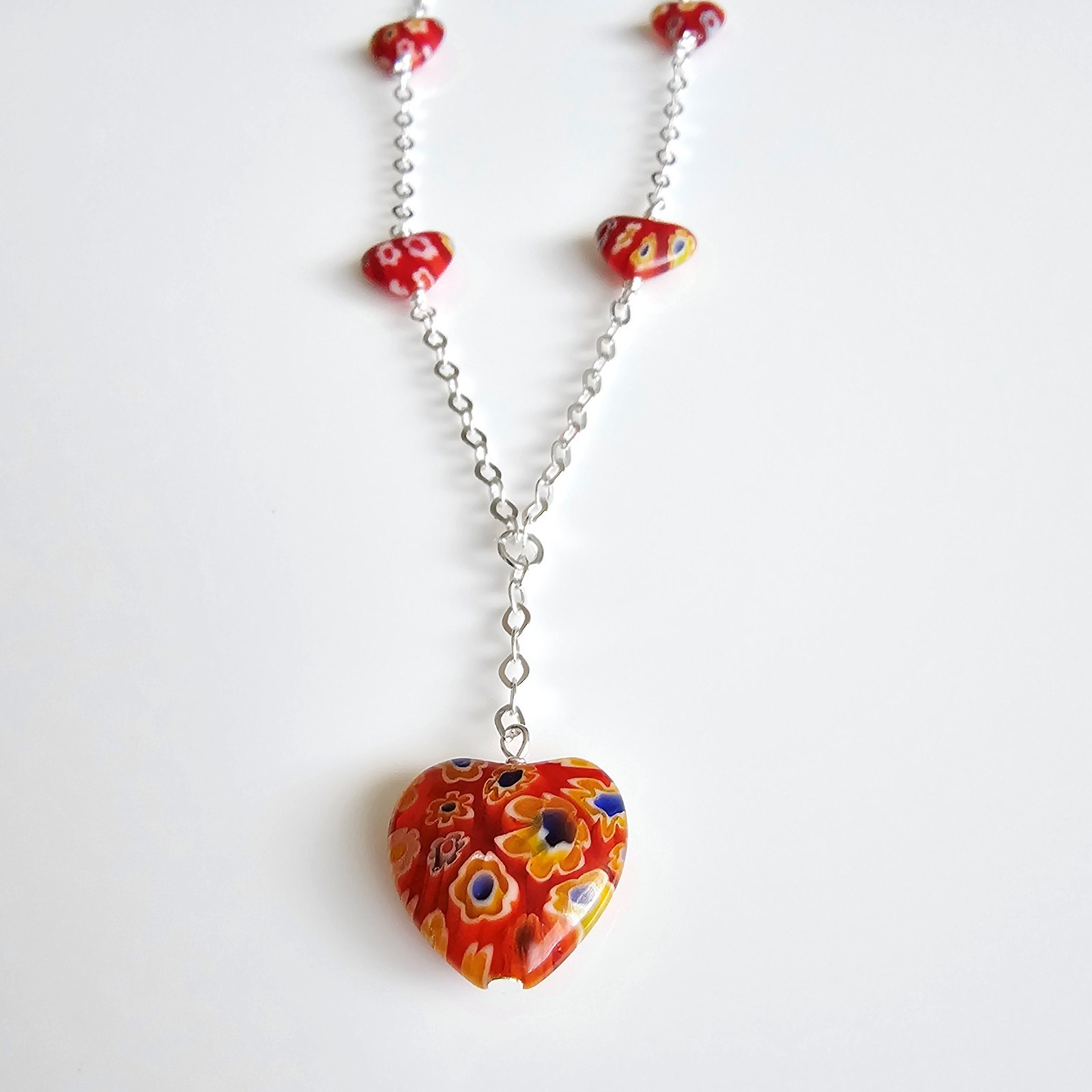 Adjustable 9″ 925 Silver Chain Hearts Millefiori Thailand Glass Beads Necklace